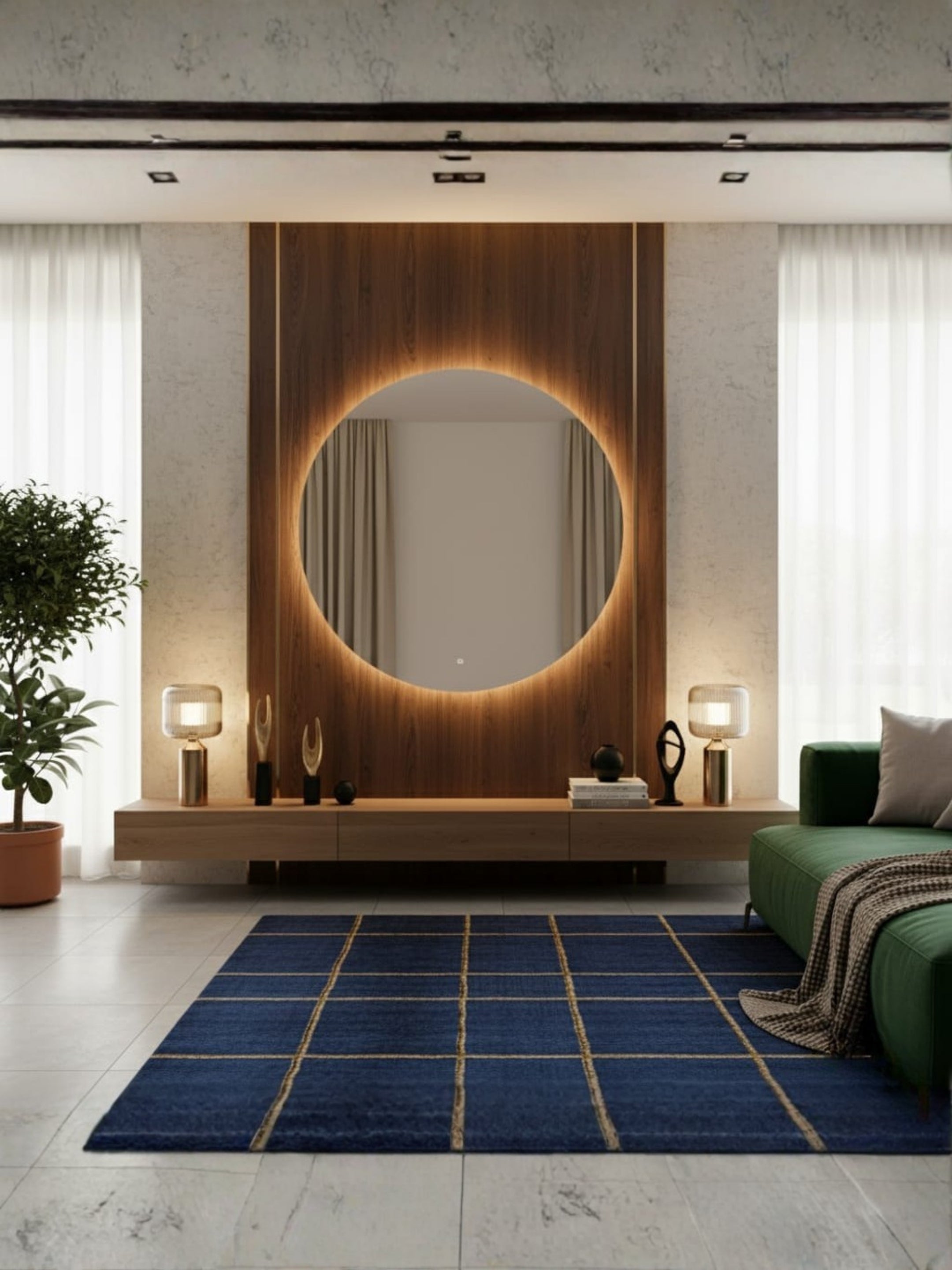 Round LED mirror Horizon wall installation, touch/wall switch options, easy mounting, versatile home decor