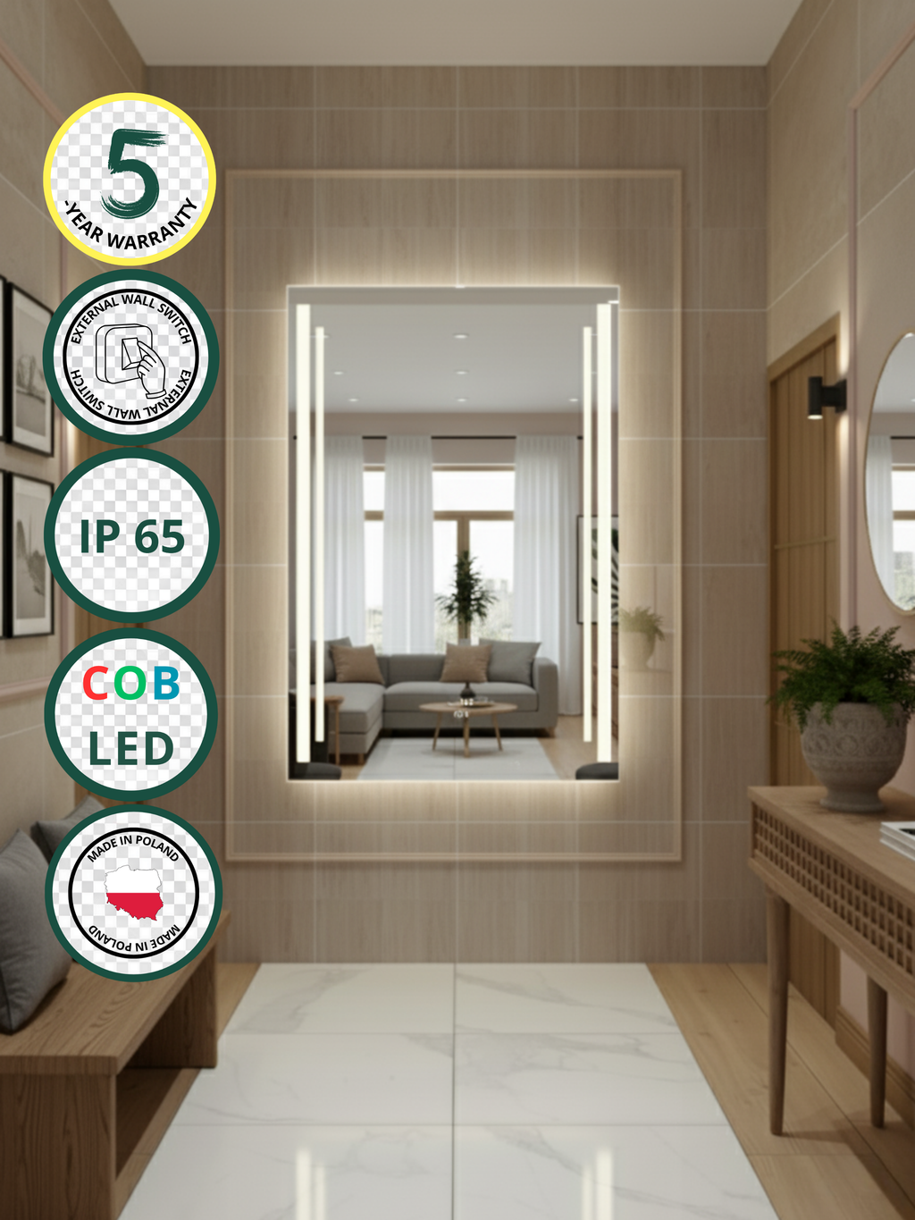 Rectangular LED mirror Susanna with wall lighting modern bathroom design, IP65 waterproof, Polish craftsmanship