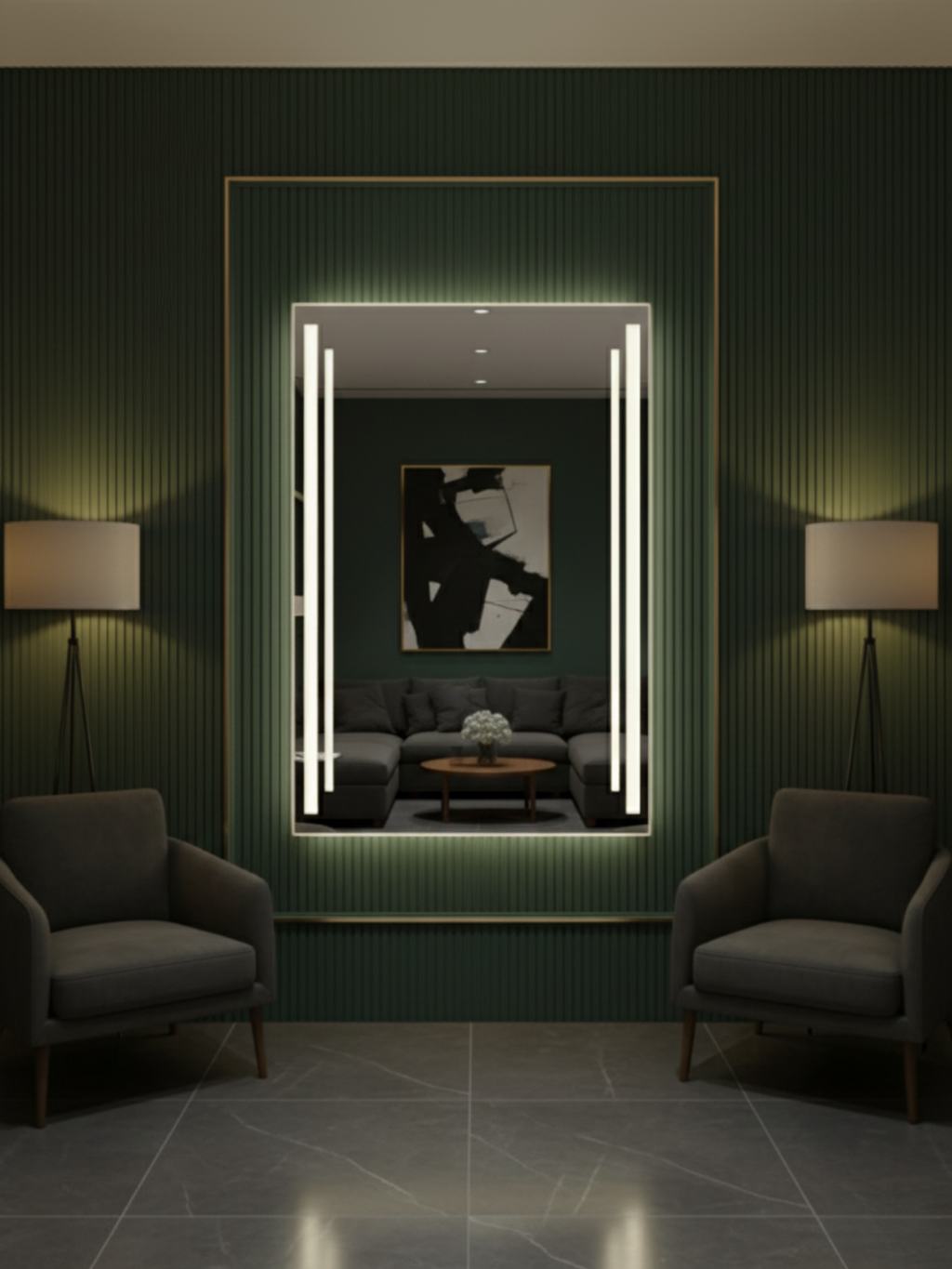 LED mirror Susanna in elegant bathroom, even LED lighting around frame, premium rectangular shape design