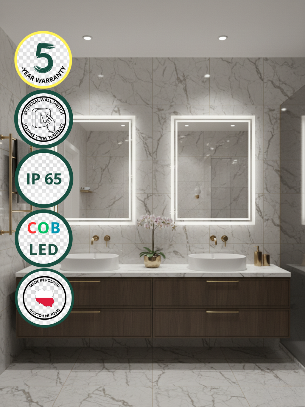 LED Mirror Capricornus in Modern Bathroom - Elegant Rectangular Mirror with Warm 4000K LED Light and Wall Switch