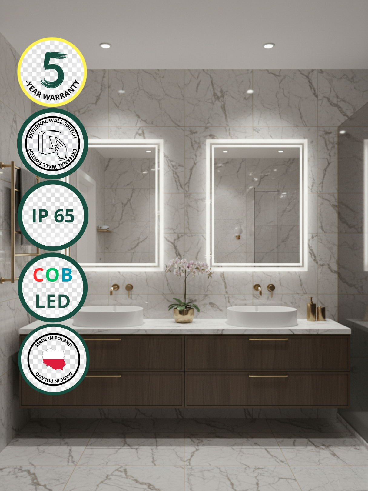 LED Mirror Capricornus in Modern Bathroom - Elegant Rectangular Mirror with Warm 4000K LED Light and Wall Switch