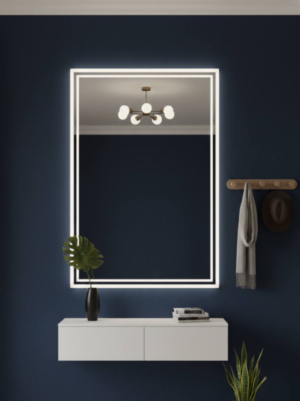 LED Mirror Capricornus with Wall Switch - Close-up of Even LED Illumination and Premium Mirror Quality
