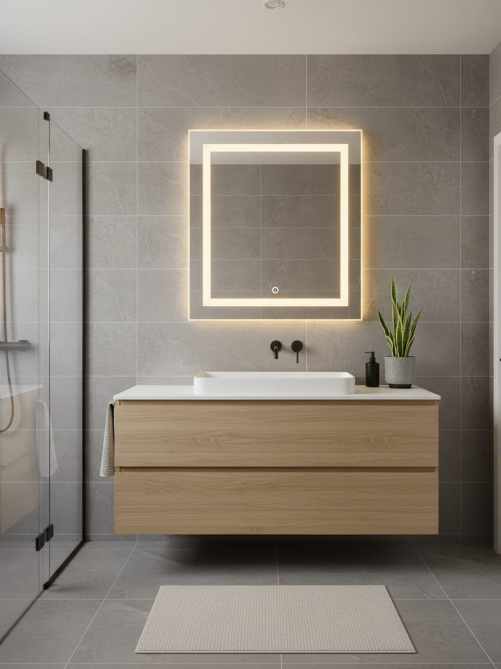 LED Mirror La Luna - Close-up of Touch Switch Control and Even LED Illumination