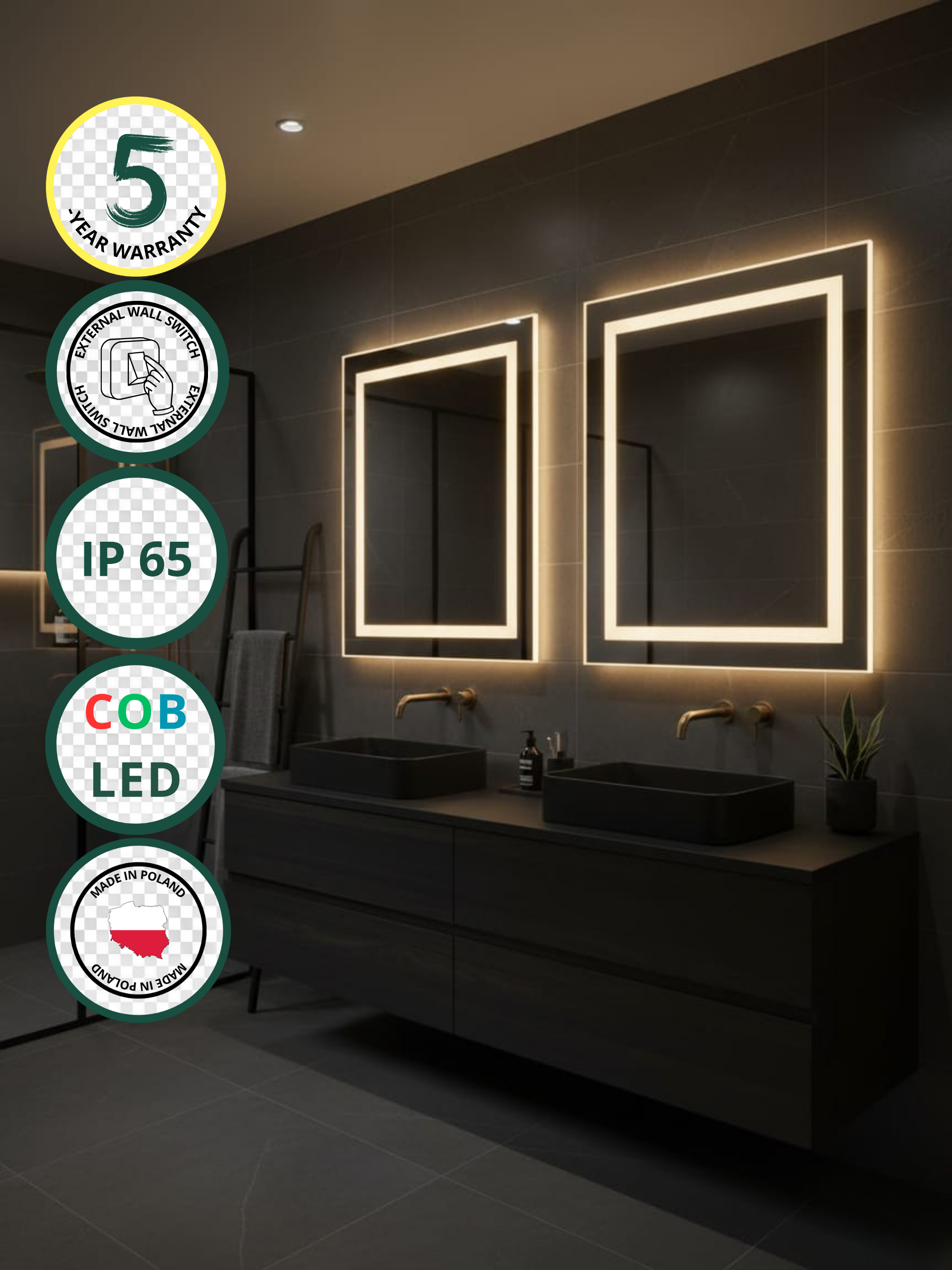 LED Mirror La Luna Square - Available in 21 Sizes, Perfect for Bathroom and Dressing Room with Wall Switch Control