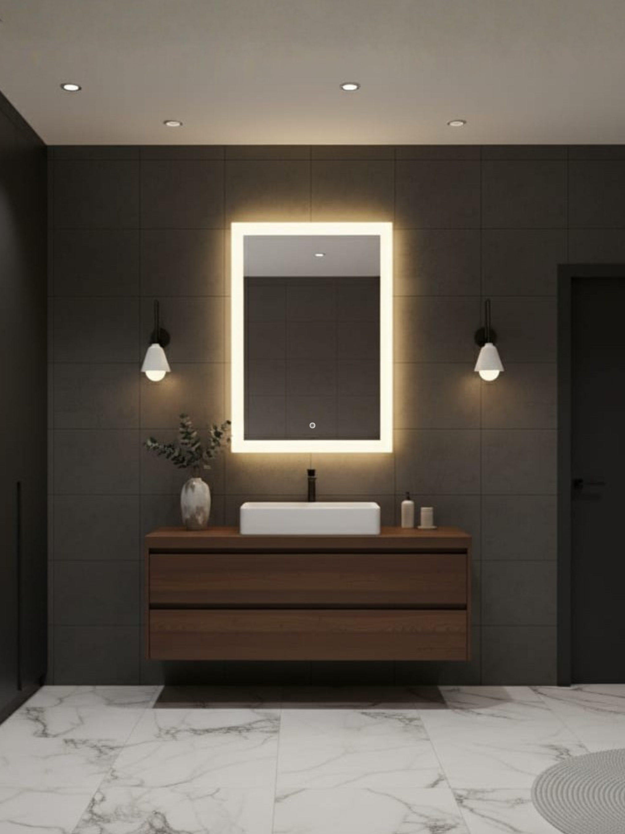 LED Mirror Lena - Close-up of Touch Switch Control and Even LED Illumination