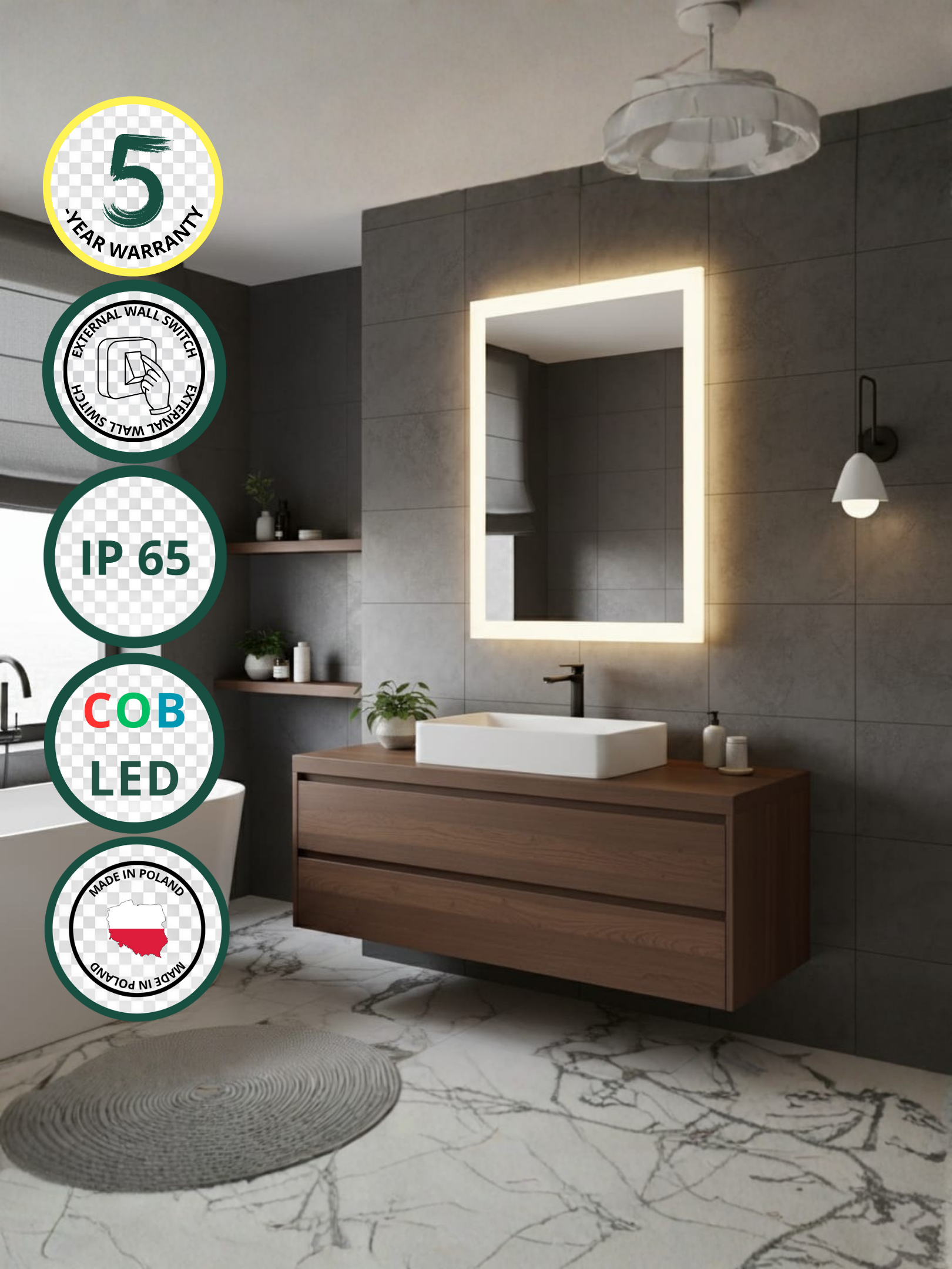 LED Mirror Lena in Modern Bathroom - Elegant Rectangular Mirror with Warm 3000K LED Light and Wall Switch