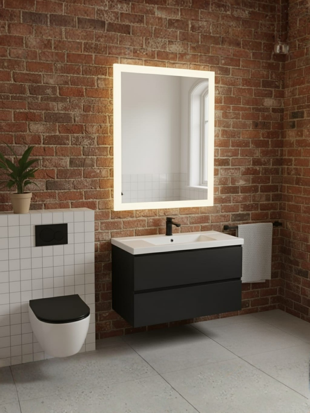 LED Mirror Lena with Wall Switch - Close-up of Even LED Illumination and Premium Mirror Quality