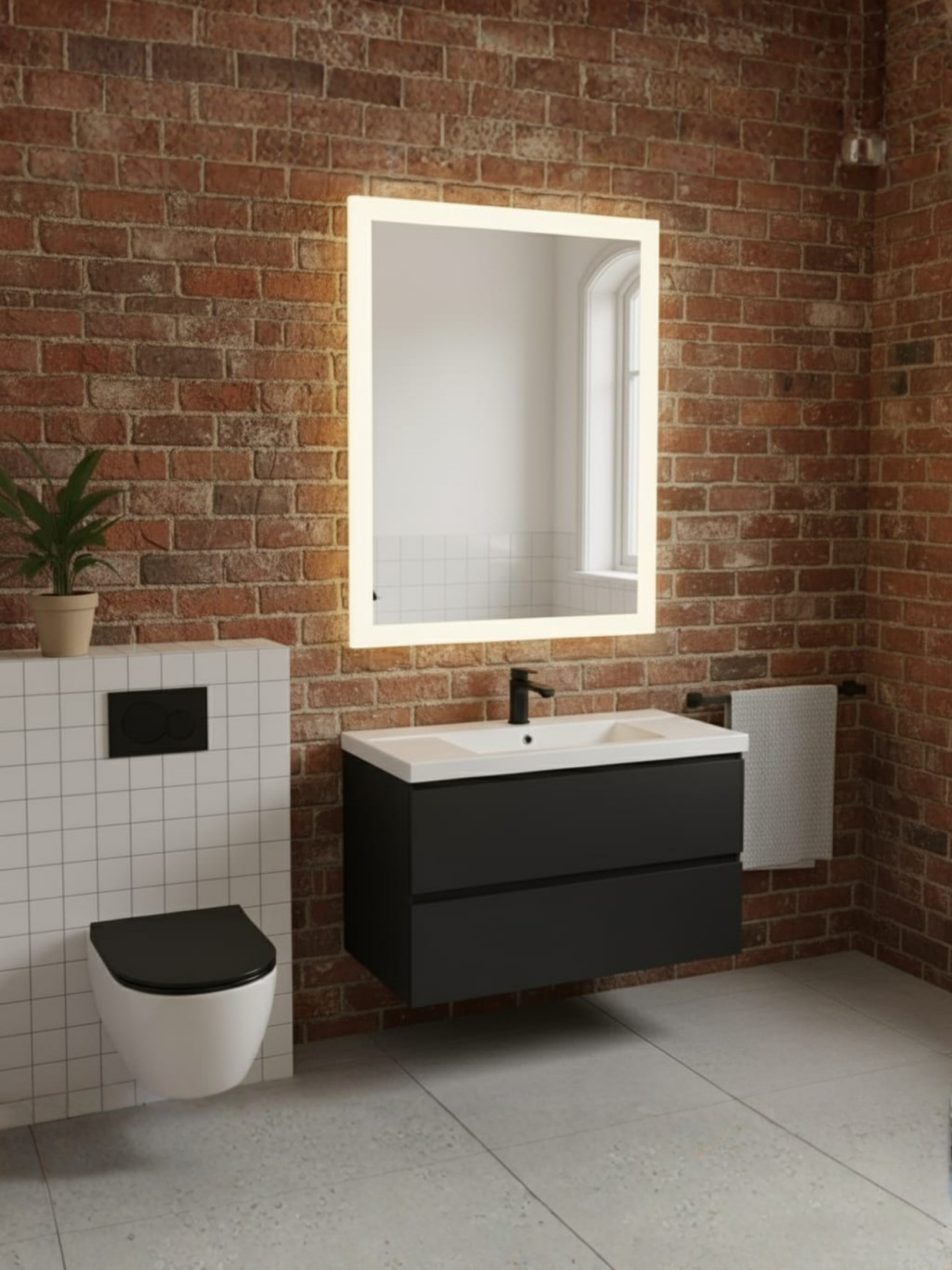 LED Mirror Lena with Wall Switch - Close-up of Even LED Illumination and Premium Mirror Quality