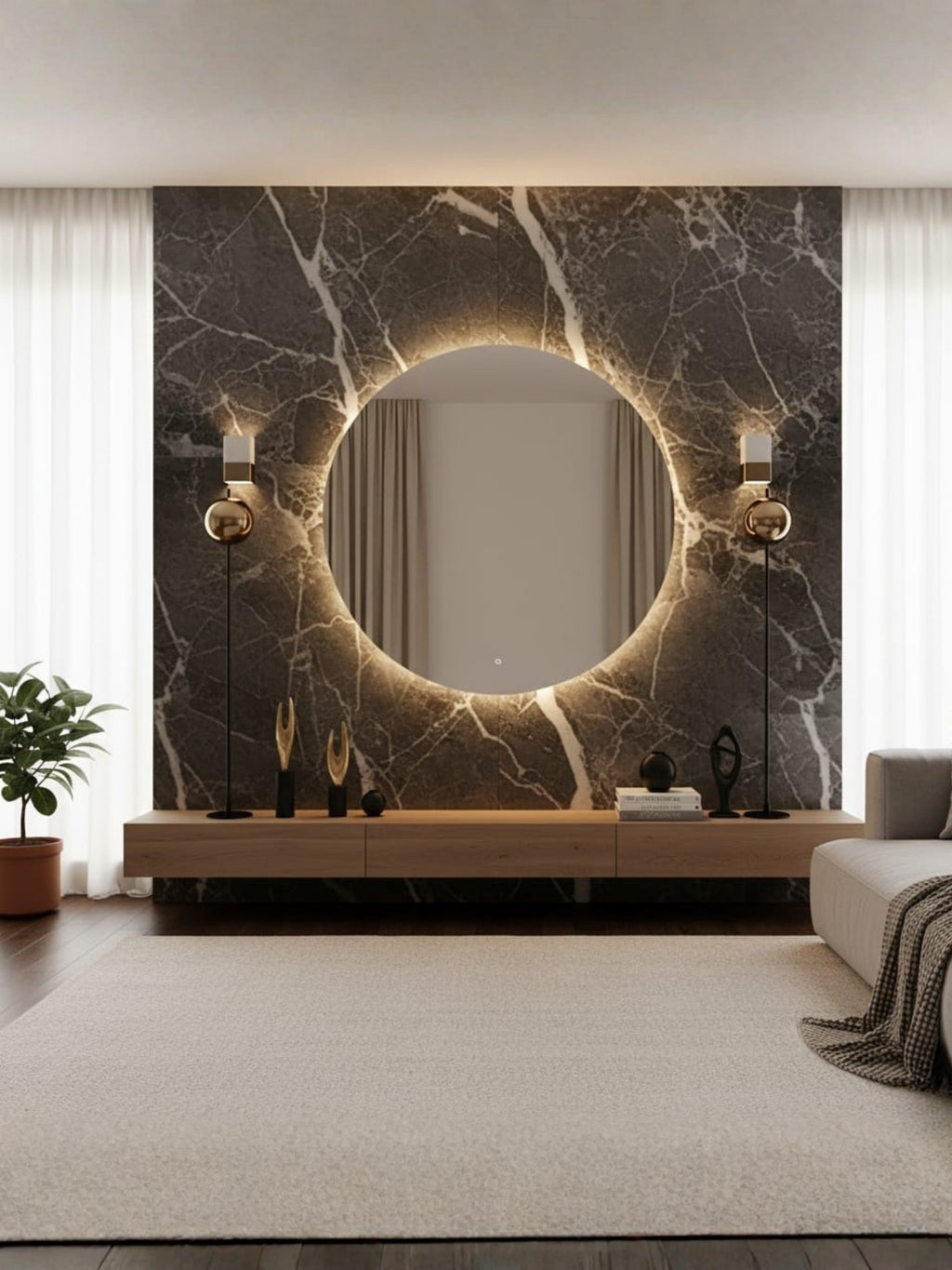 Horizon round LED mirror size options, 7 diameters available, customizable wall mirror with LED backlight