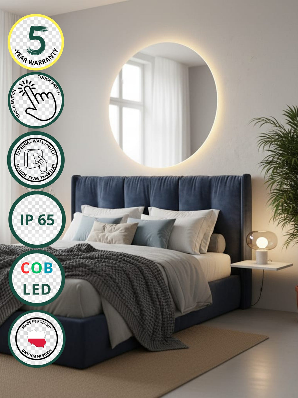Round LED mirror Horizon with touch switch, warm lighting, 7 sizes, modern design for home interiors