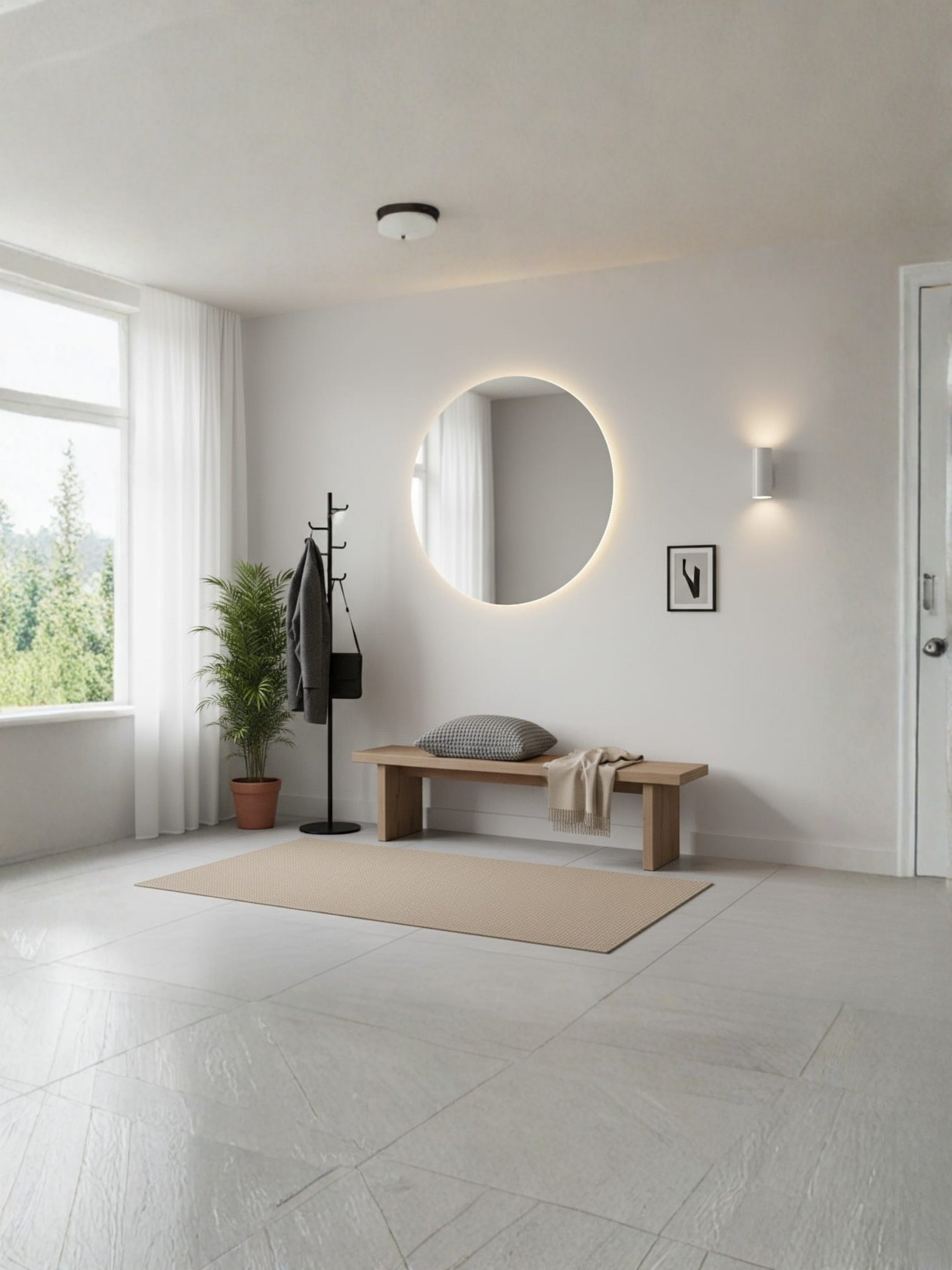 Round LED mirror Horizon in interior, wall-mounted, energy-efficient lighting, perfect for hallway or bedroom