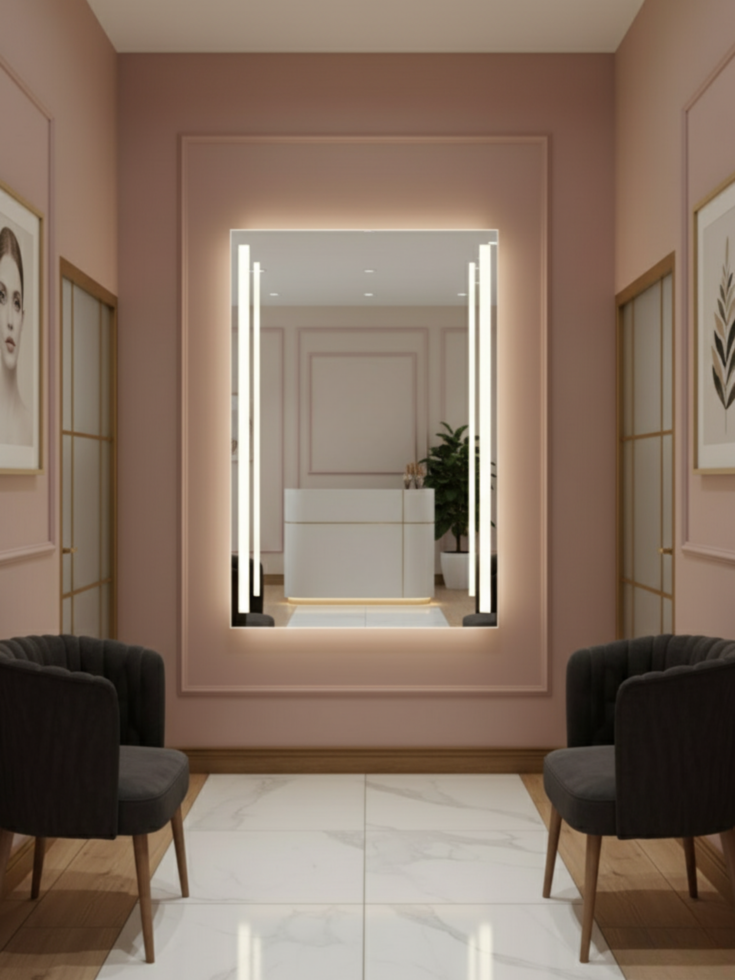 Close-up of LED mirror Susanna, wall switch control, slim frame, high-quality Polish craftsmanship finish