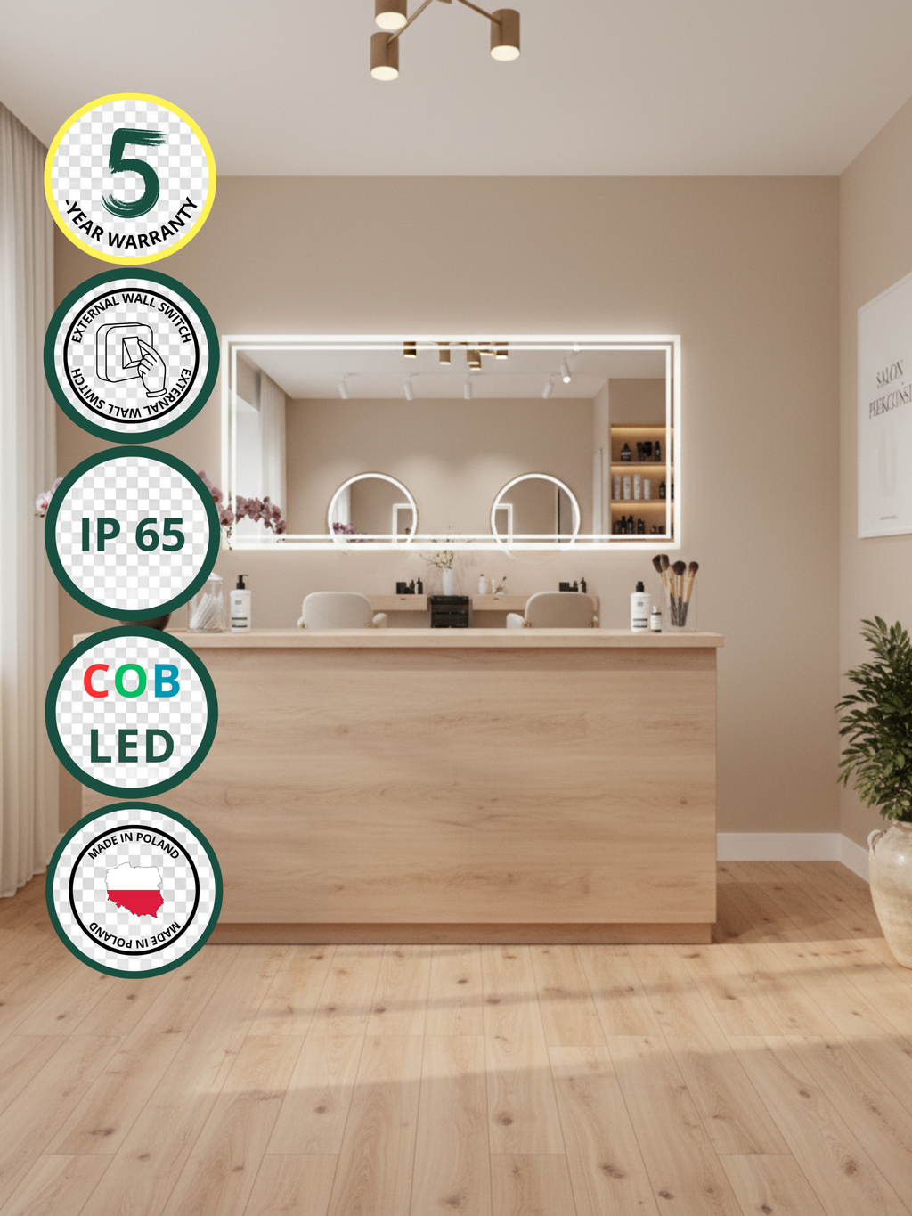 Capricornus LED mirror with wall switch - rectangular, COB LED lighting, IP65, 30 sizes for bathroom & interiors
