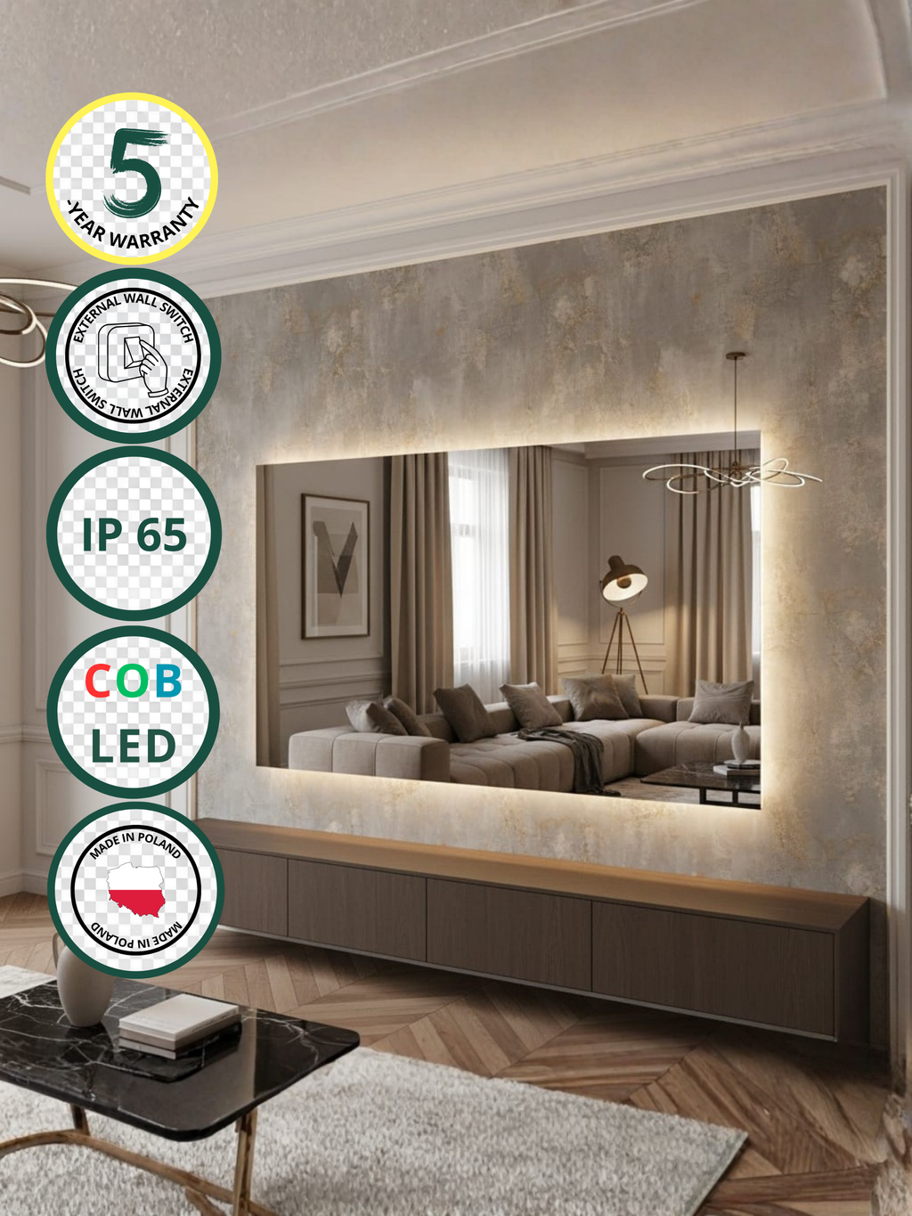 Horizon LED mirror with wall switch - rectangular, COB LED lighting, IP65, 30 sizes for bathroom & interiors
