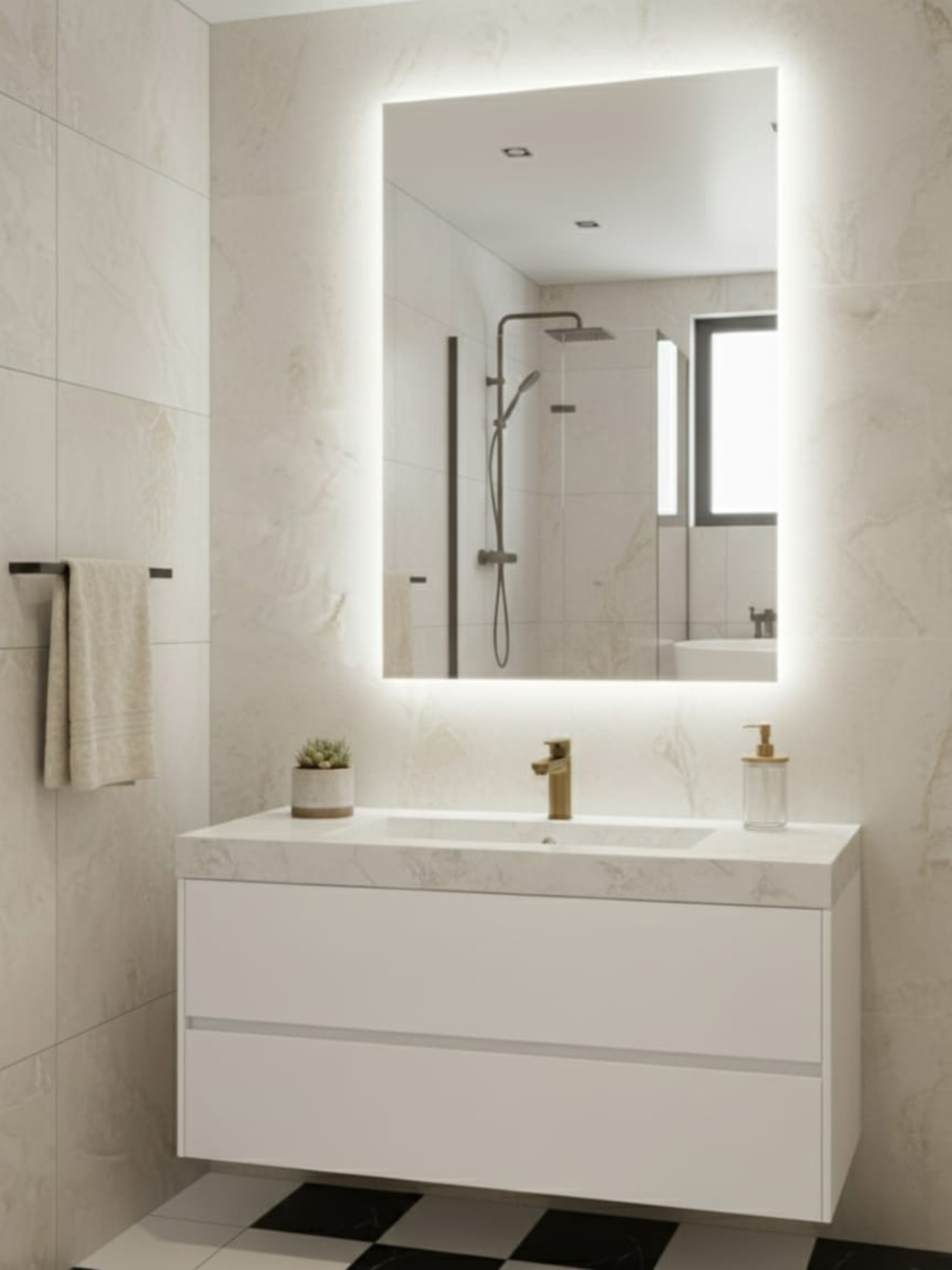 Horizon LED mirror in modern bathroom - IP65 waterproof, luxury design for bedroom & living spaces
