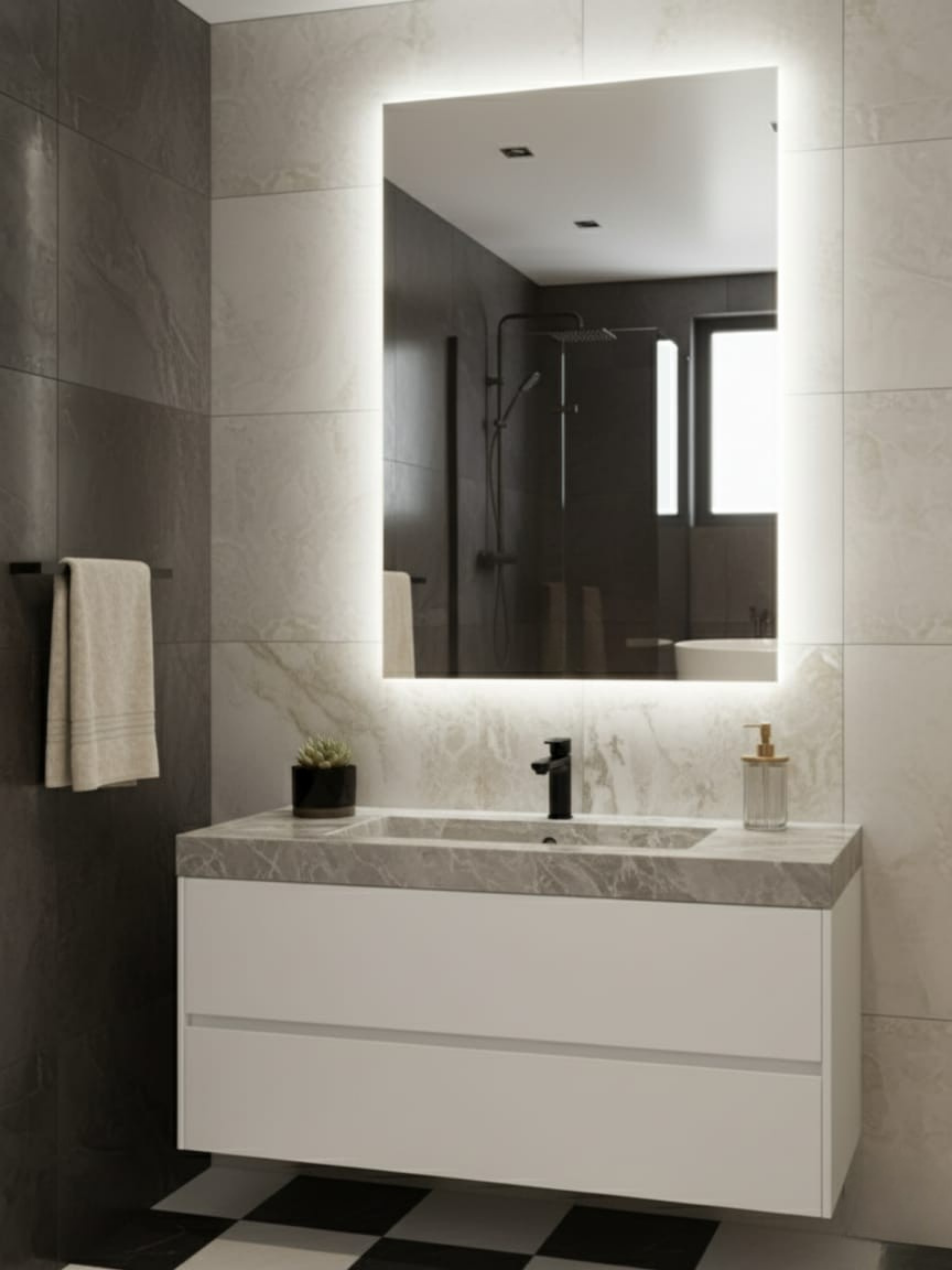 Horizon LED mirror technical specs - dimensions chart, electrical parameters, IP65 certification, 5-year warranty
