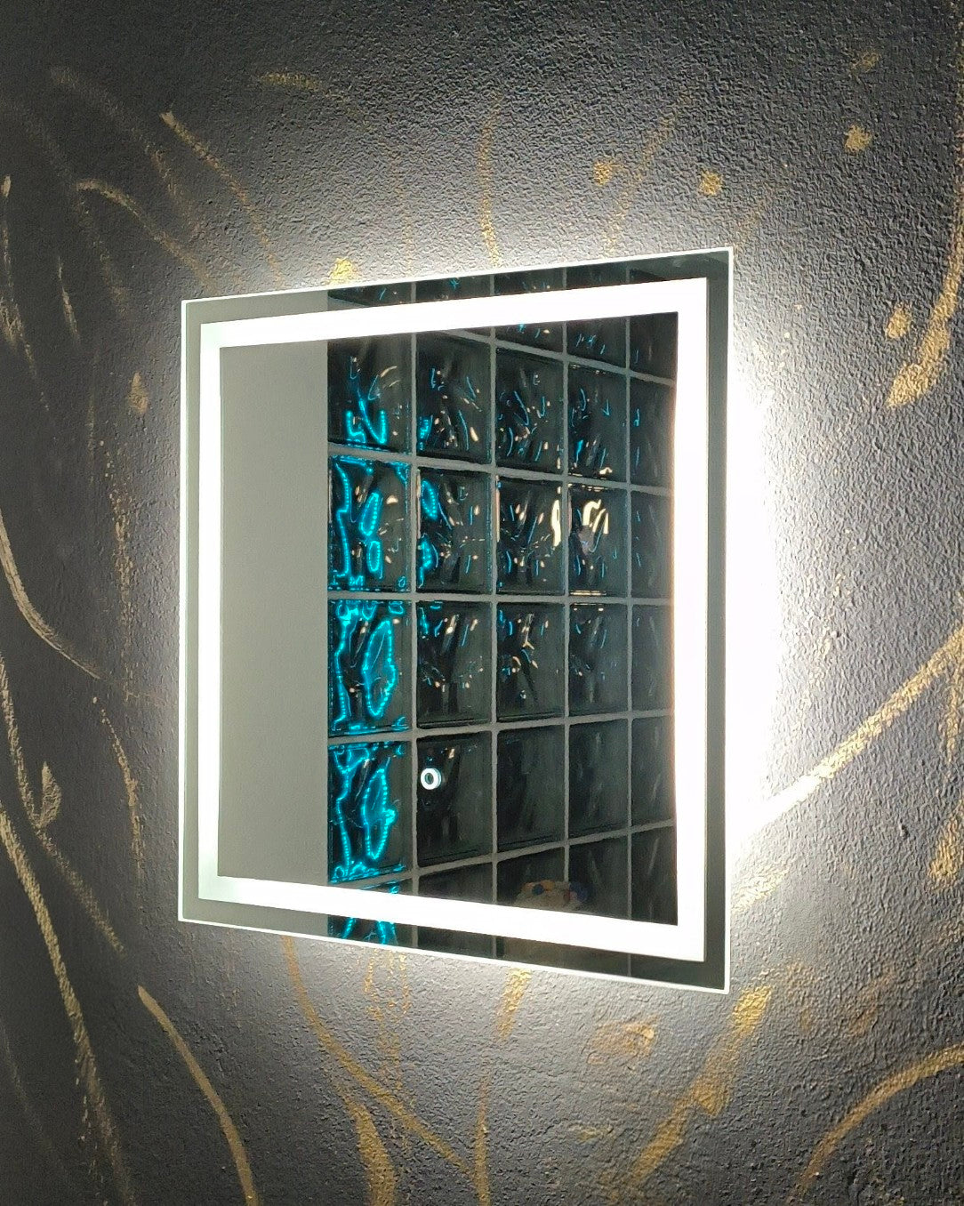 LED mirror La Luna – COB LED backlight detail, warm glow, rectangular wall mirror by Anima Art