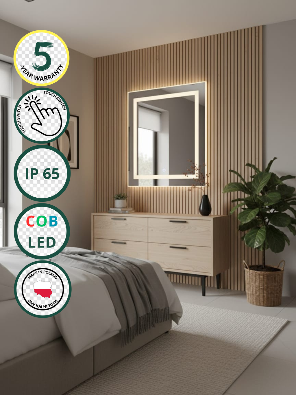 La Luna LED mirror with touch switch - rectangular, COB LED lighting, IP65, 21 sizes for bathroom & interiors
