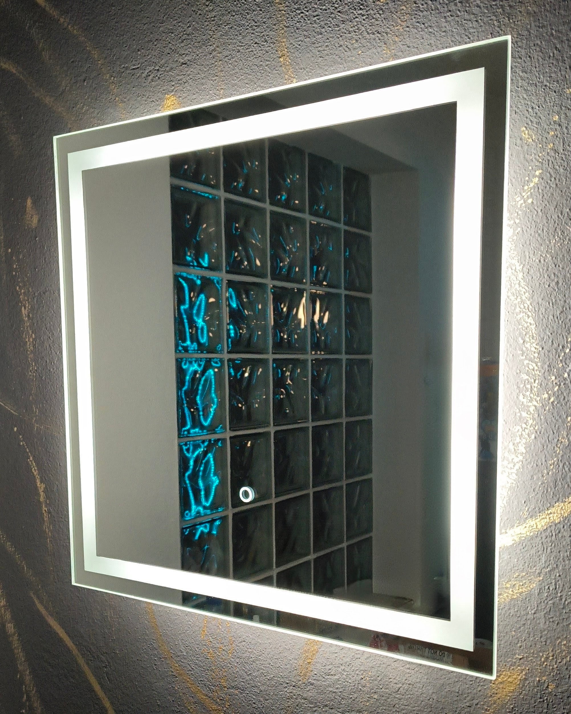Square LED mirror La Luna touch switch – bathroom installation, Anima Art handcrafted in Poland