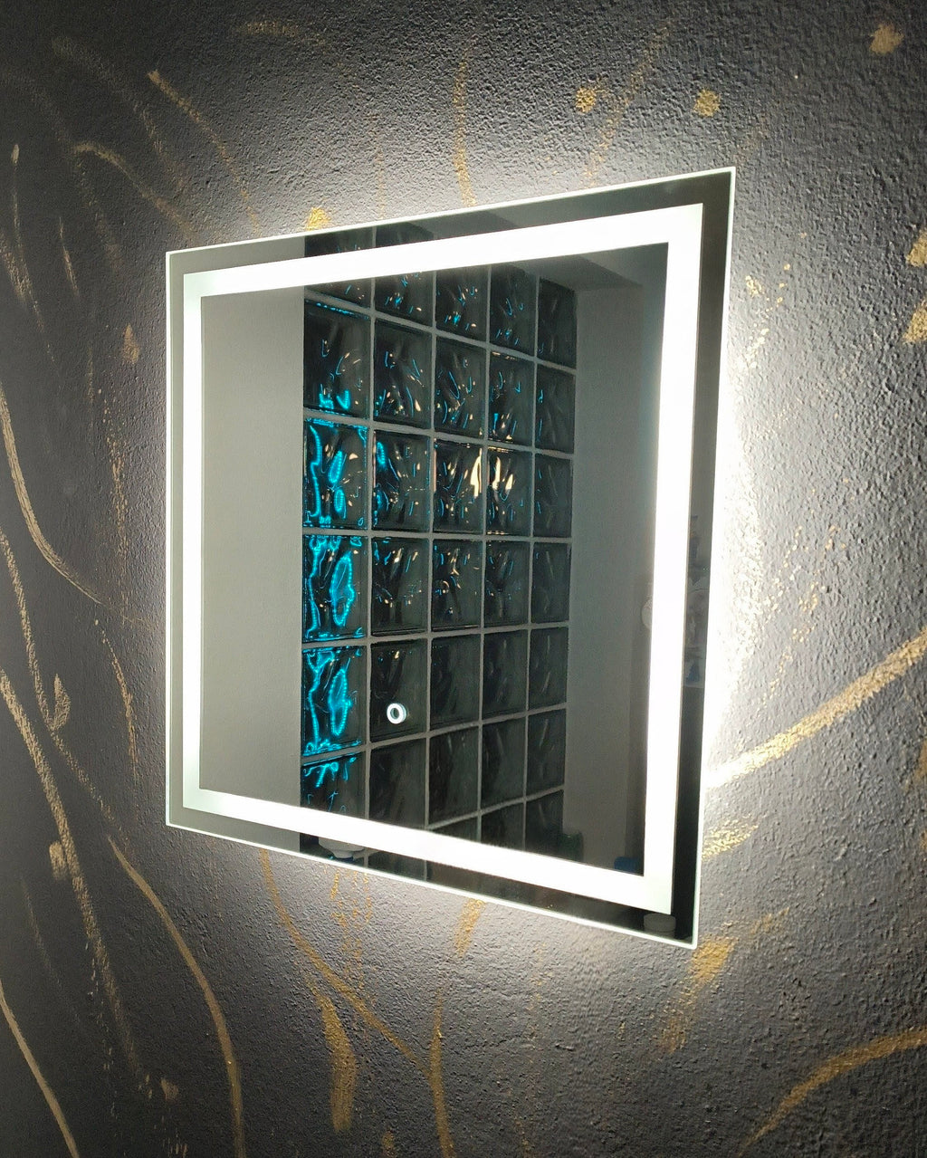 LED mirror La Luna with touch switch – rectangular, handmade by Anima Art, lifestyle interior shot