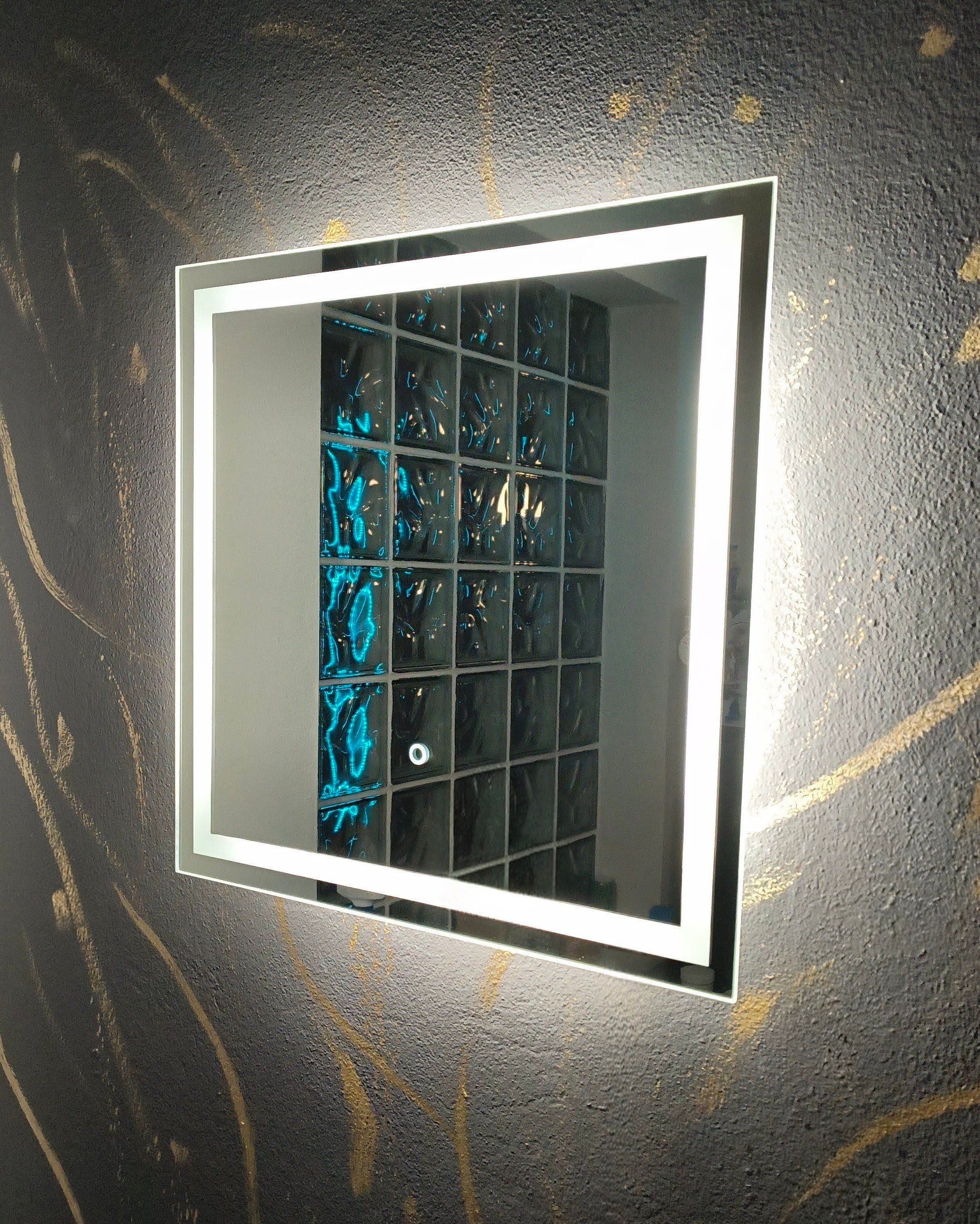 LED mirror La Luna with touch switch – rectangular, handmade by Anima Art, lifestyle interior shot