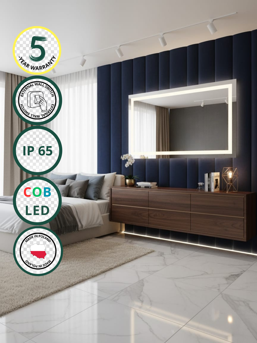 La Luna LED mirror with wall switch - rectangular, COB LED lighting, IP65, 30 sizes for bathroom & interiors
