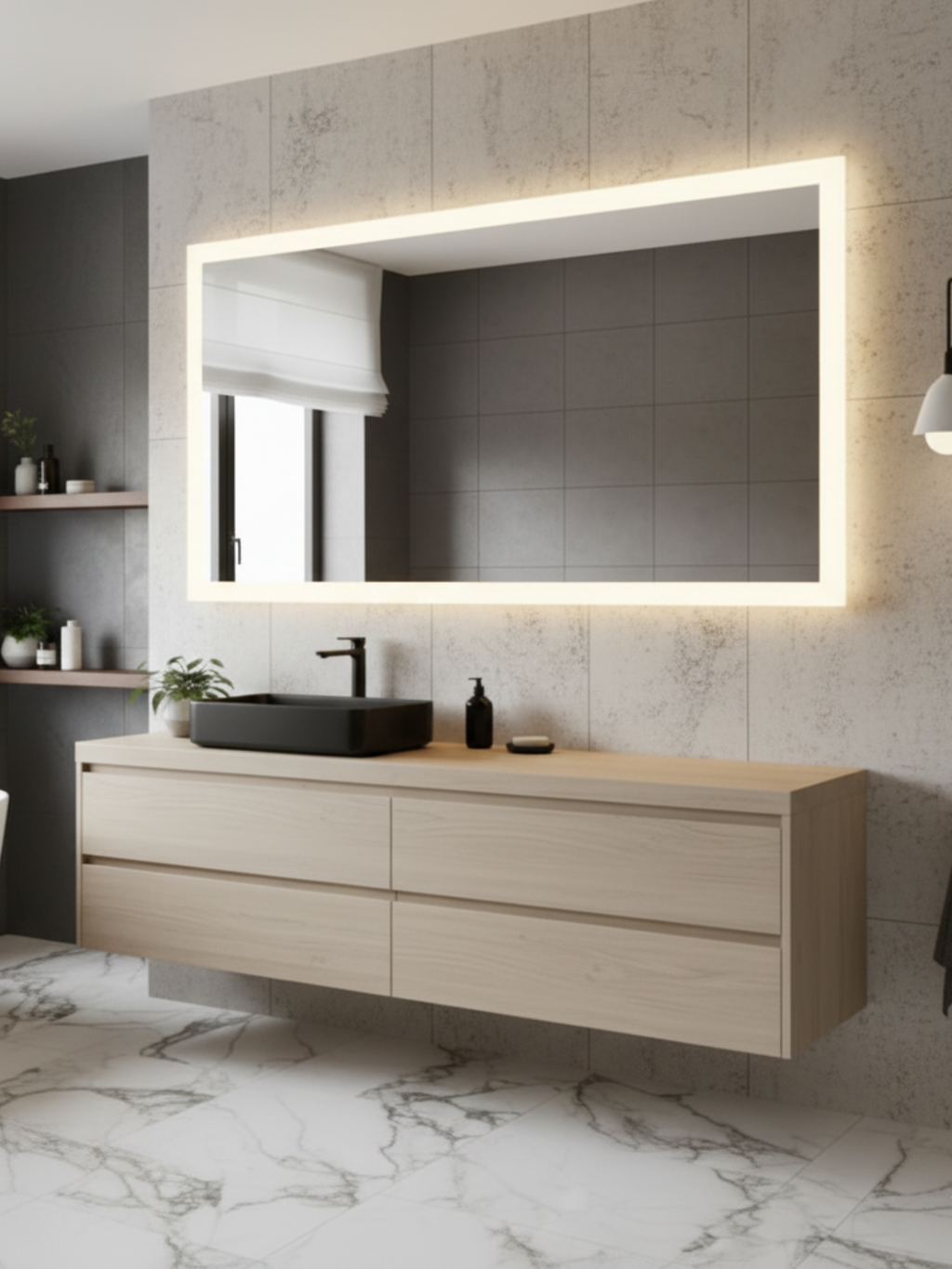 Lena LED mirror in modern bathroom - IP65 waterproof, luxury rectangular design for bedroom & living spaces
