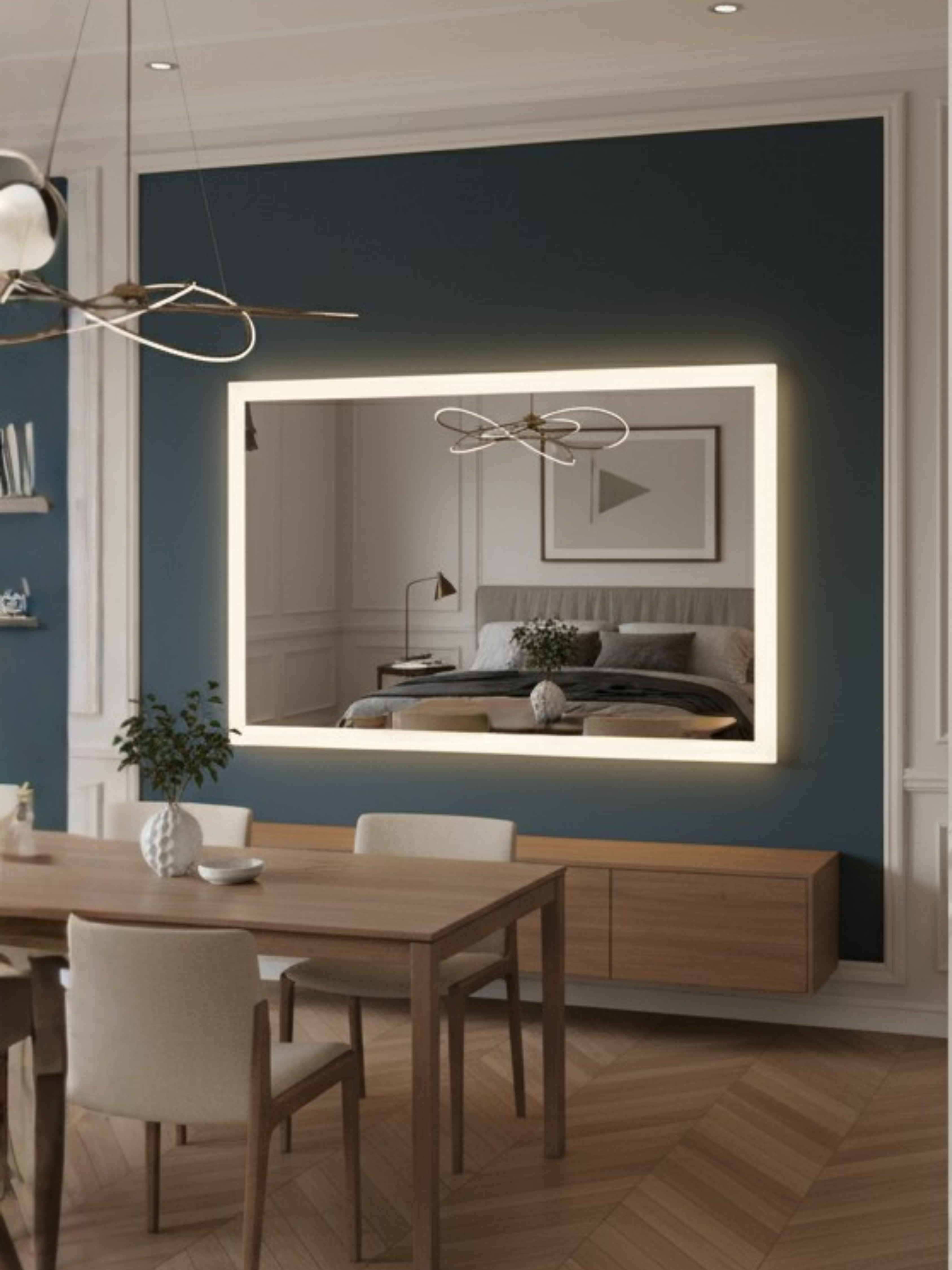 Lena LED mirror side profile - wall mounting system, IP65 waterproof housing, compact rectangular design
