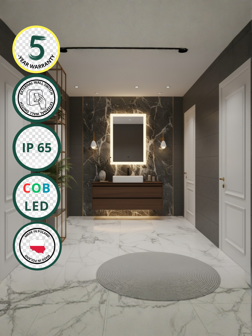 Lena LED mirror with wall switch - rectangular, COB LED lighting, IP65 waterproof, 21 sizes for