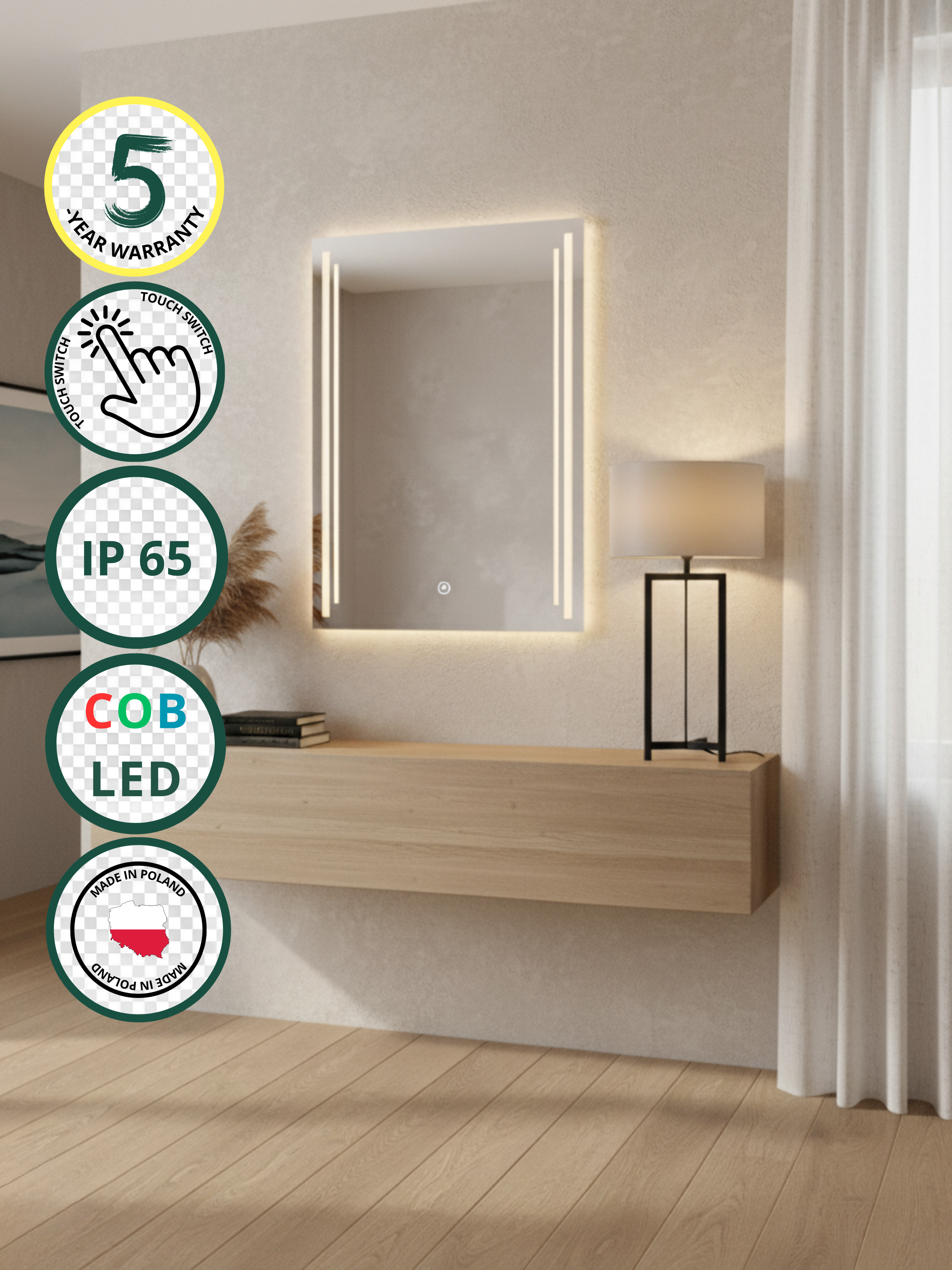 Susanna LED mirror with touch switch - rectangular, COB LED lighting, IP65 waterproof, 21 sizes for bathroom & home
