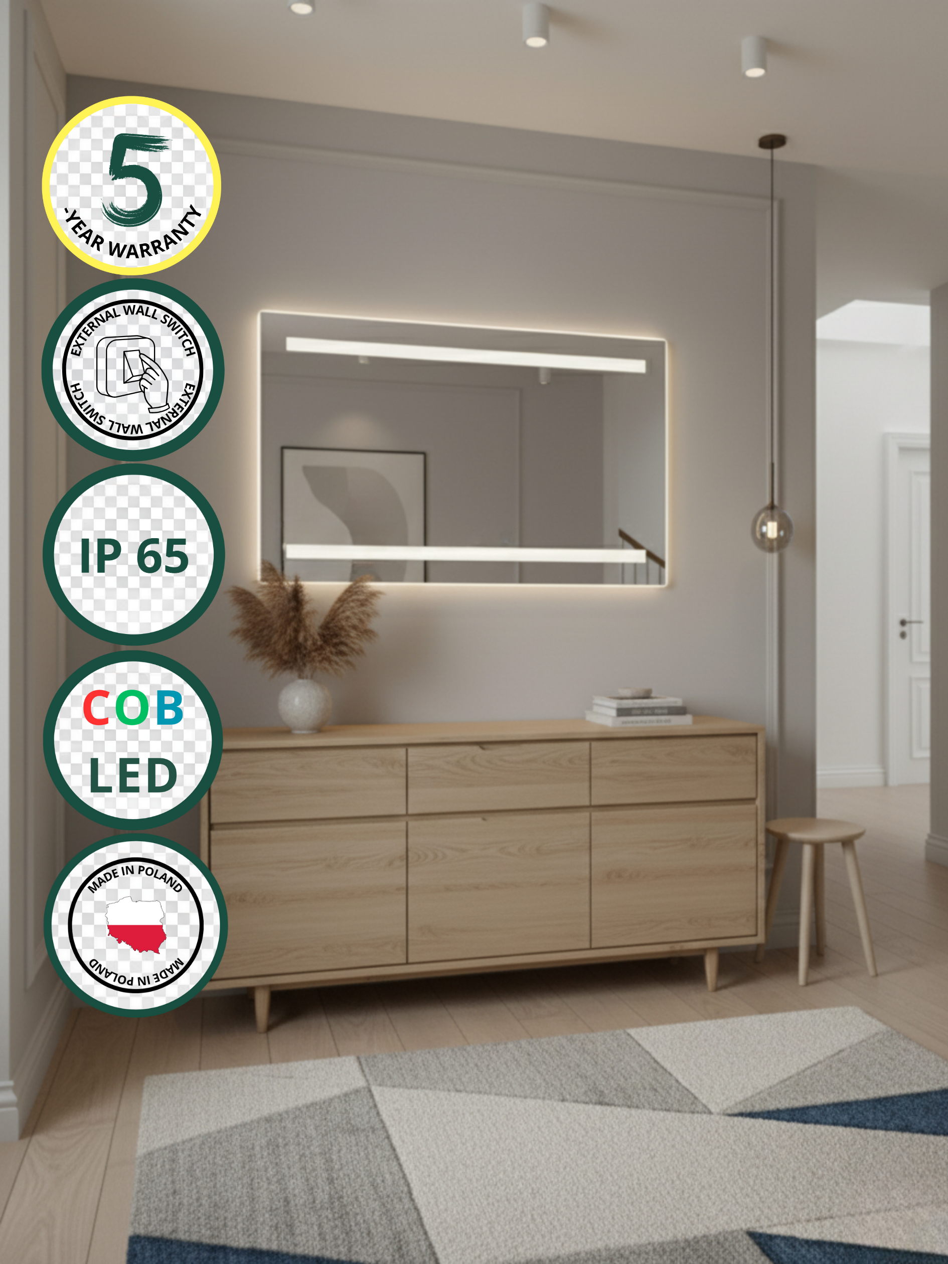 Venus LED mirror in modern hallway - touch switch, IP65 waterproof, luxury rectangular design for home interiors
