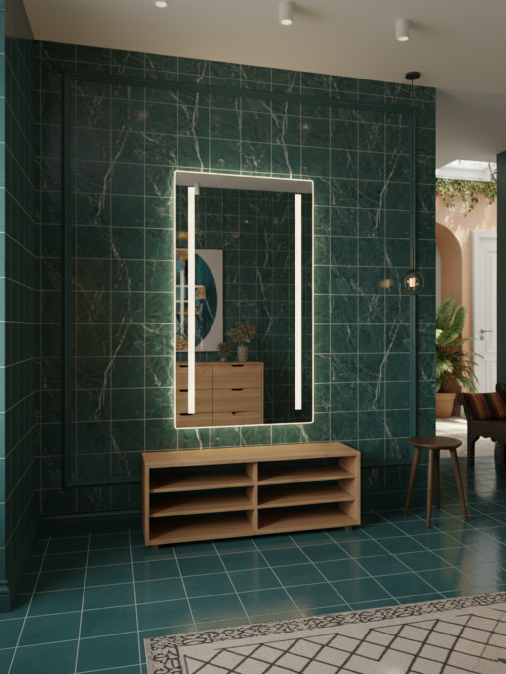 Venus LED mirror side profile - wall mounting system, IP65 waterproof housing, compact rectangular design
