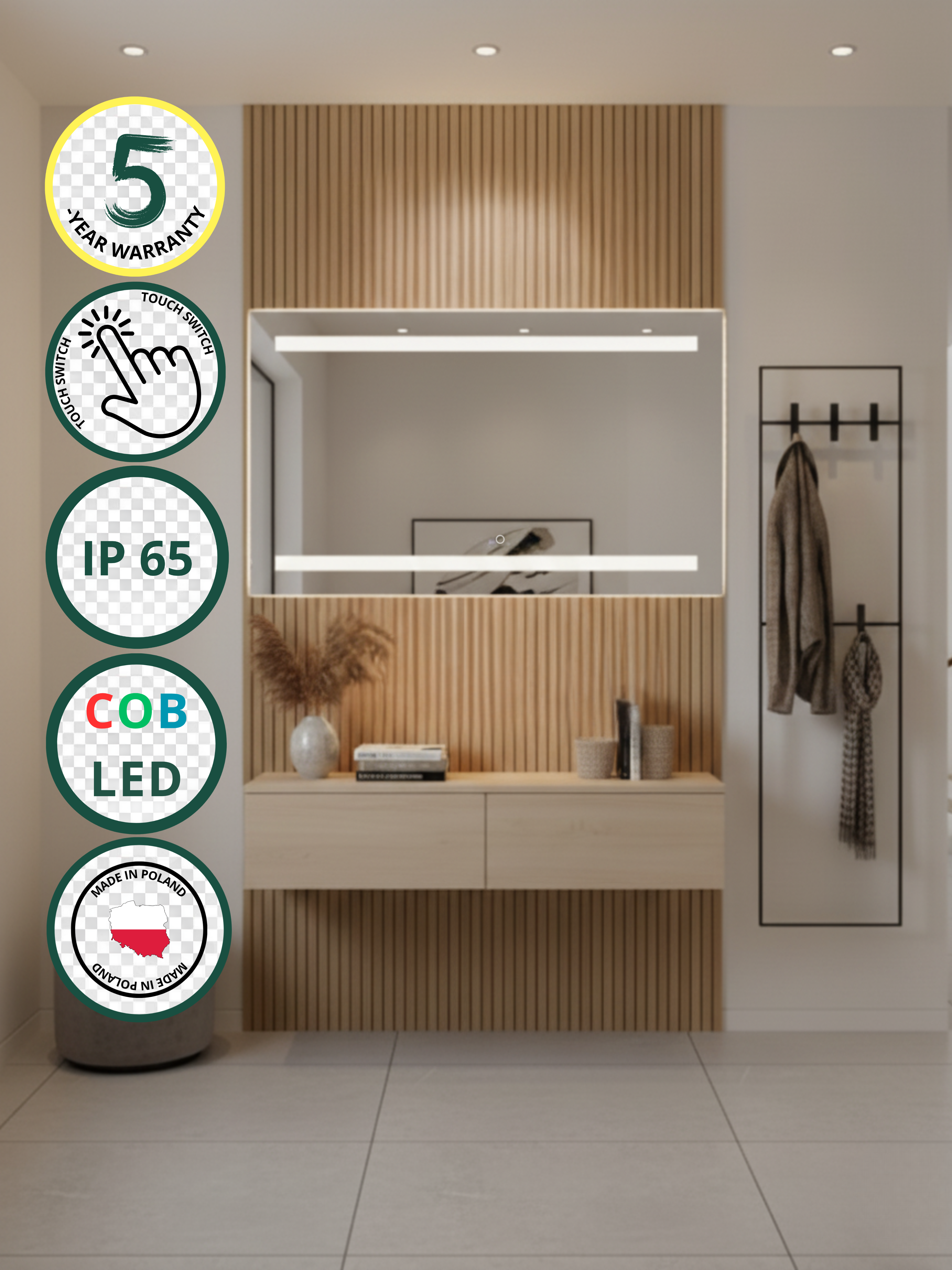 Venus LED mirror with touch switch - rectangular, COB LED lighting, IP65 waterproof, 21 sizes for bathroom & home